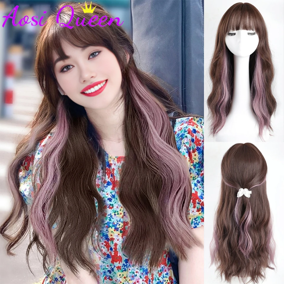 AOSI WIGS Long Wavy Curly Black Blonde Wig for Women Natural Highlight Synthetic Blend Wigs with Bangs Heat Resistant Hair Wig