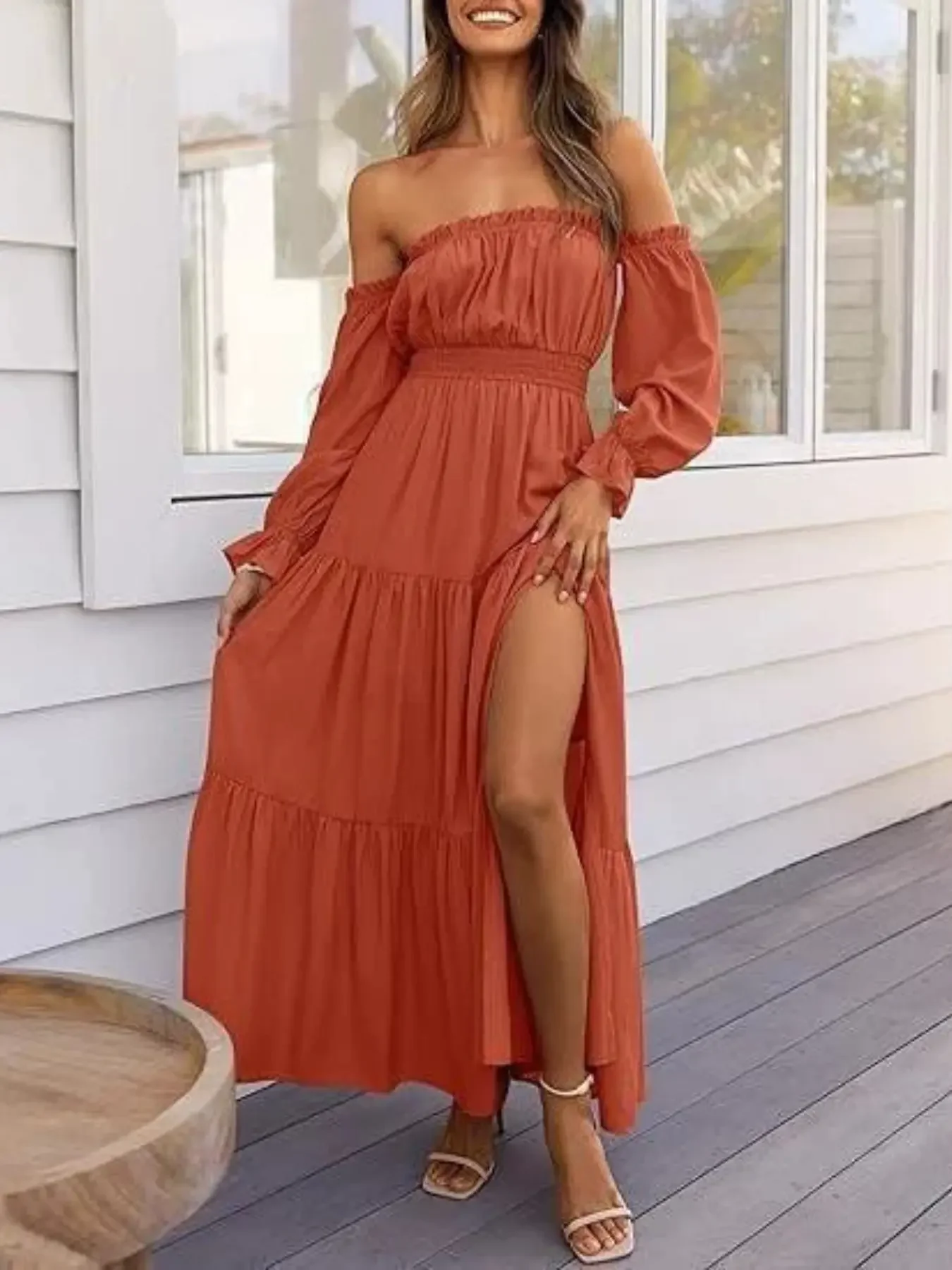 Bohemian Sexy Off-Shoulder Long Sleeve Maxi Dress, Boho Style Dress, Gathered High-Waist Side Slit, Flowy A-Line Layered Design, Chic, Perfect for Summer, Casual Boho Chic