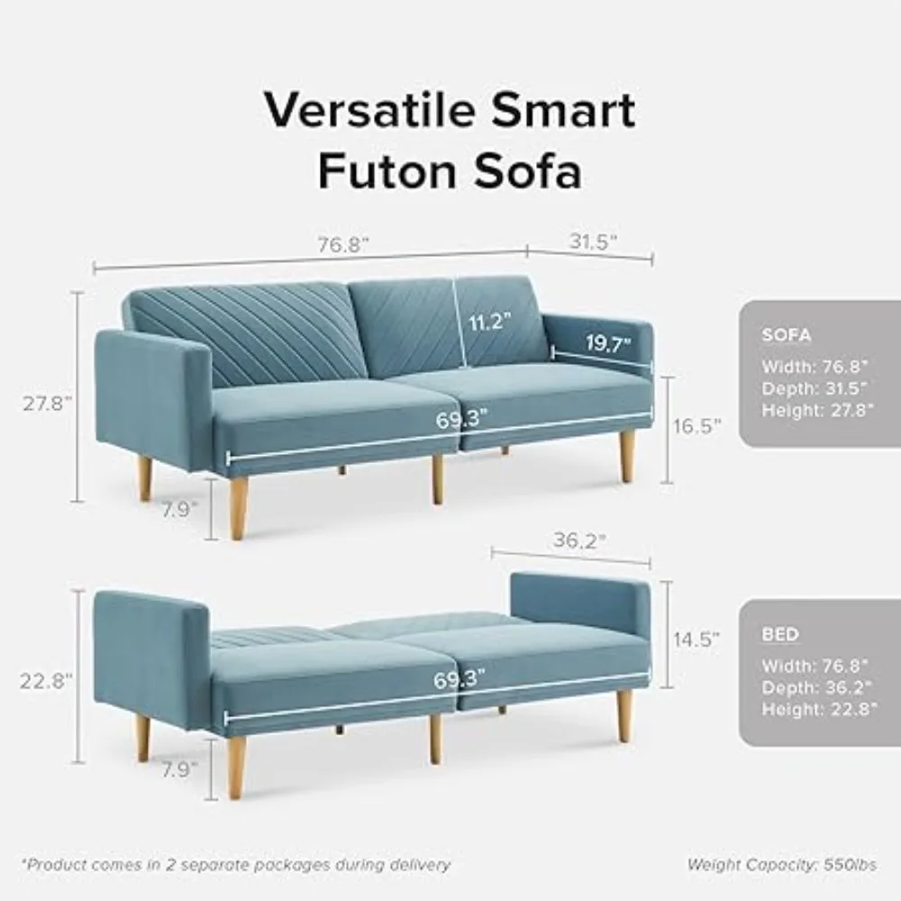 Futon Sofa Bed, Couch, Small Sofa, Sleeper Sofa, Loveseat, Mid Century Modern Futon Couch, Sofa Cama (Sky Blue Premium Velvet)