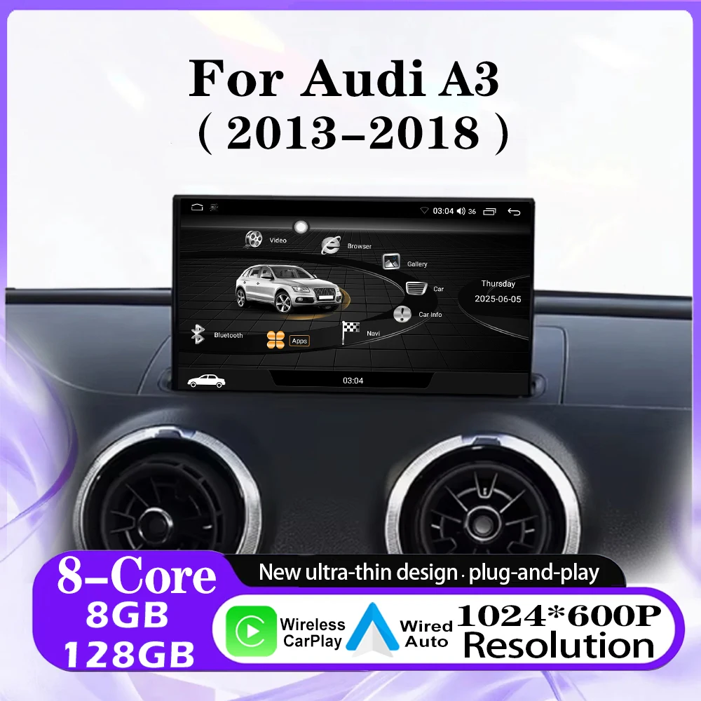 Autoradio Android 16 avec Carplay pour Audi A3 2013 2014 2015 2016 2017 2018, Navigation GPS, 4G WIFI, DSP, unité principale multimédia