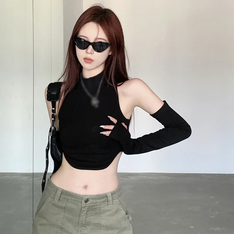 Spring Autumn Women's Crop Top Korean Version Black Slim Sexy Casual Expose Navel With Sleeves Crop Top T Shirt