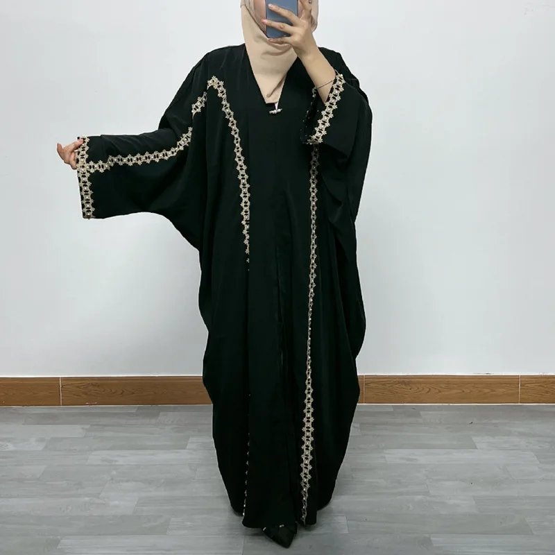 

Womens Islamic Clothing Collage Lace Beaded Bat Sleeve Loose Cardigan Robe Muslim Coat for Women