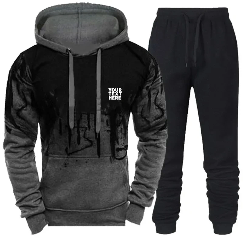 طقم سويت شيرت بقلنسوة للرجال باللون الأسود والرمادي بنمط مطبوع، ملابس رياضية كاجوال للركض للرجال #3