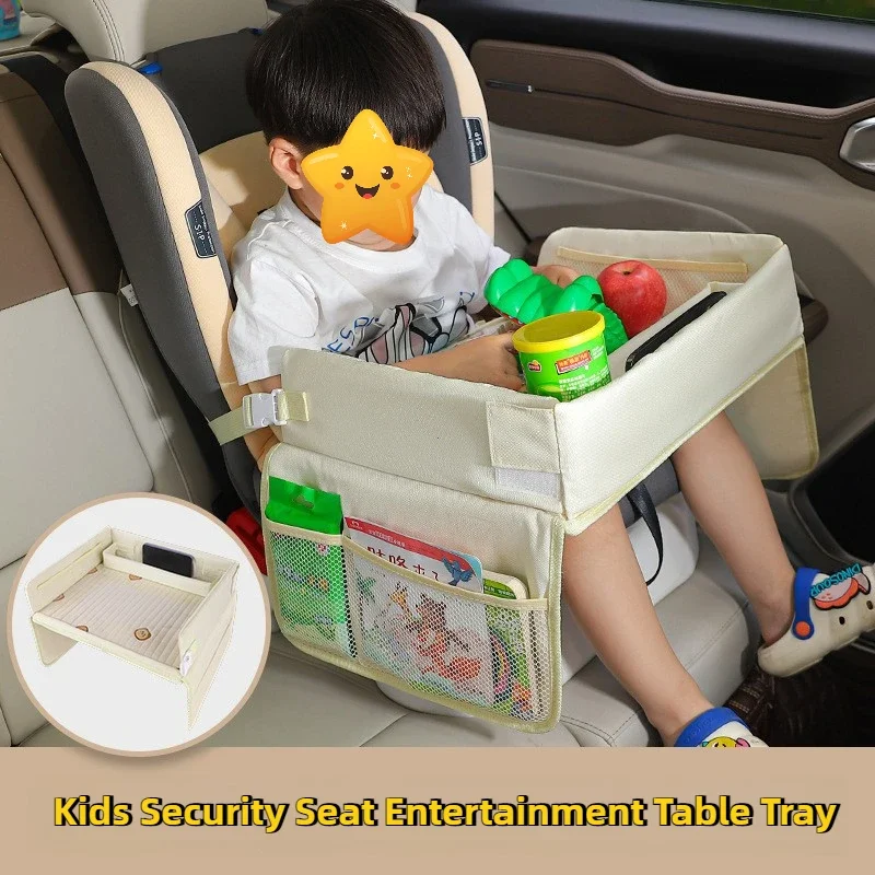 Kids Car Seat Travel Tray Foldable Multiple Pockets Waterproof Portable Carseat Table Lap Tray for Dining Drawing Play Activity