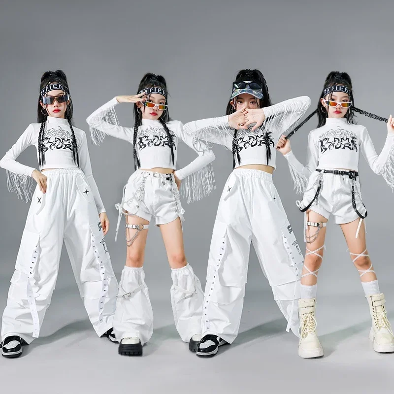 여아용 화이트 태슬 탑 카고 팬츠 수트 연습복 재즈 모던 의류 볼룸 힙합 댄스 의상