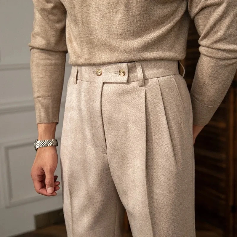

2025 Autumn Winter New Men High Waist Woolen Straight Leg Casual Trousers Warm Draping Solid Color Versatile Suit Pants