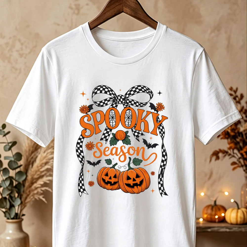 Halloween Spooky Season Couple Matching T-shirt Men Women Cotton Short Sleeve Pumpkin Bat Checkered Bow Graphic Unisex Tee Fall