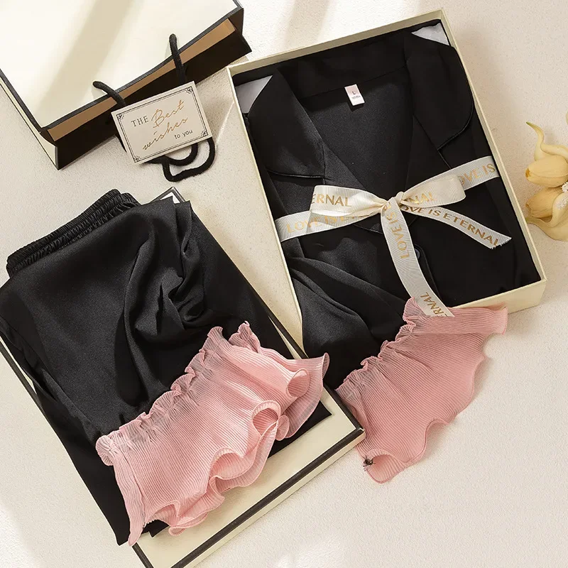 

Casual Sleepwear Satin Rayon Pyjamas Home Clothes Women Lounge Wear 2PCS Pajamas Set Lace Patchwork Pijamas Soft Nightwear