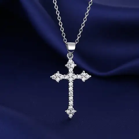 1pcs White Gold-color Necklace For Women Simple Cold Style Set With Glass Rhinestones Cross Copper Alloy Pendant