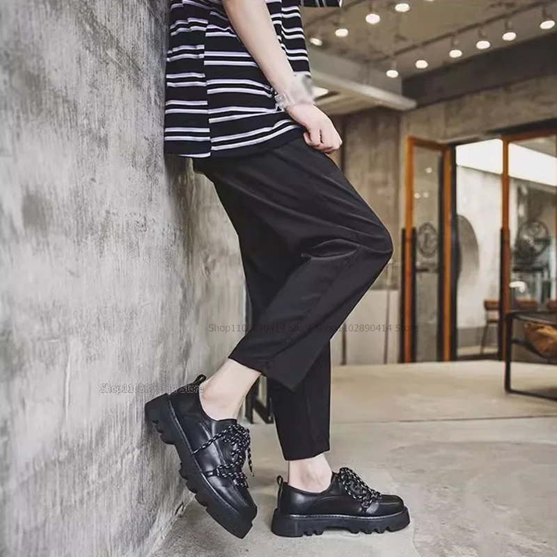 

Black Cross Tied Thick Bottom Men Shoes Fashion Height Increasing Men Shoes Novel Comfort British Korean Style Men Casual Shoes