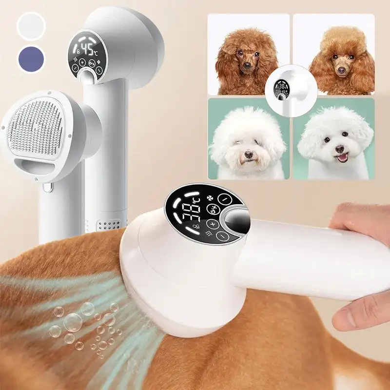 Smart Dog Hair Dryer 2 in 1 Pet Cat Hair Blowing Combing Negative Oxygen Ion Low Noise LED Touch Control Temperature Display