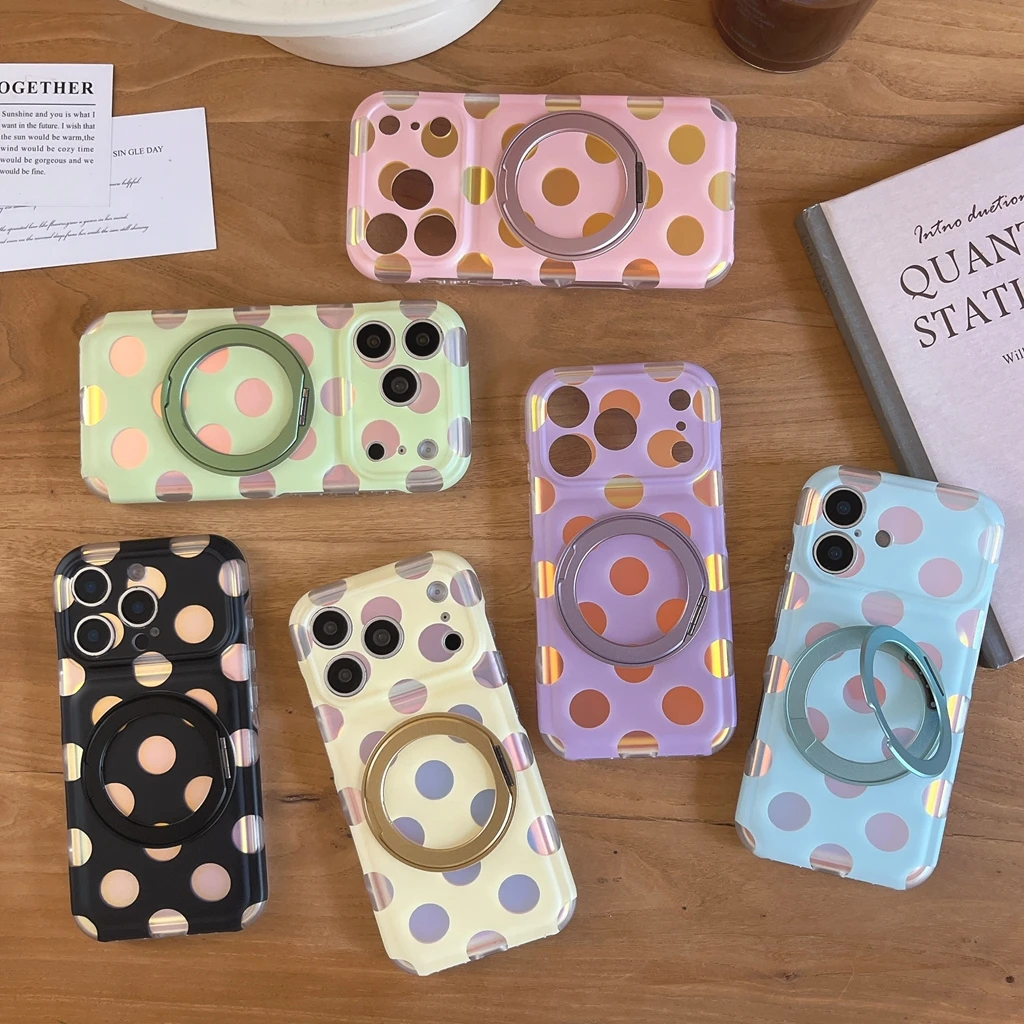 Moda con diseño de lunares de colores ilusorios 360 ° Funda Protectora Antigolpes con Anillo Giratorio para iPhone 17 16 15 Pro Max ﻿