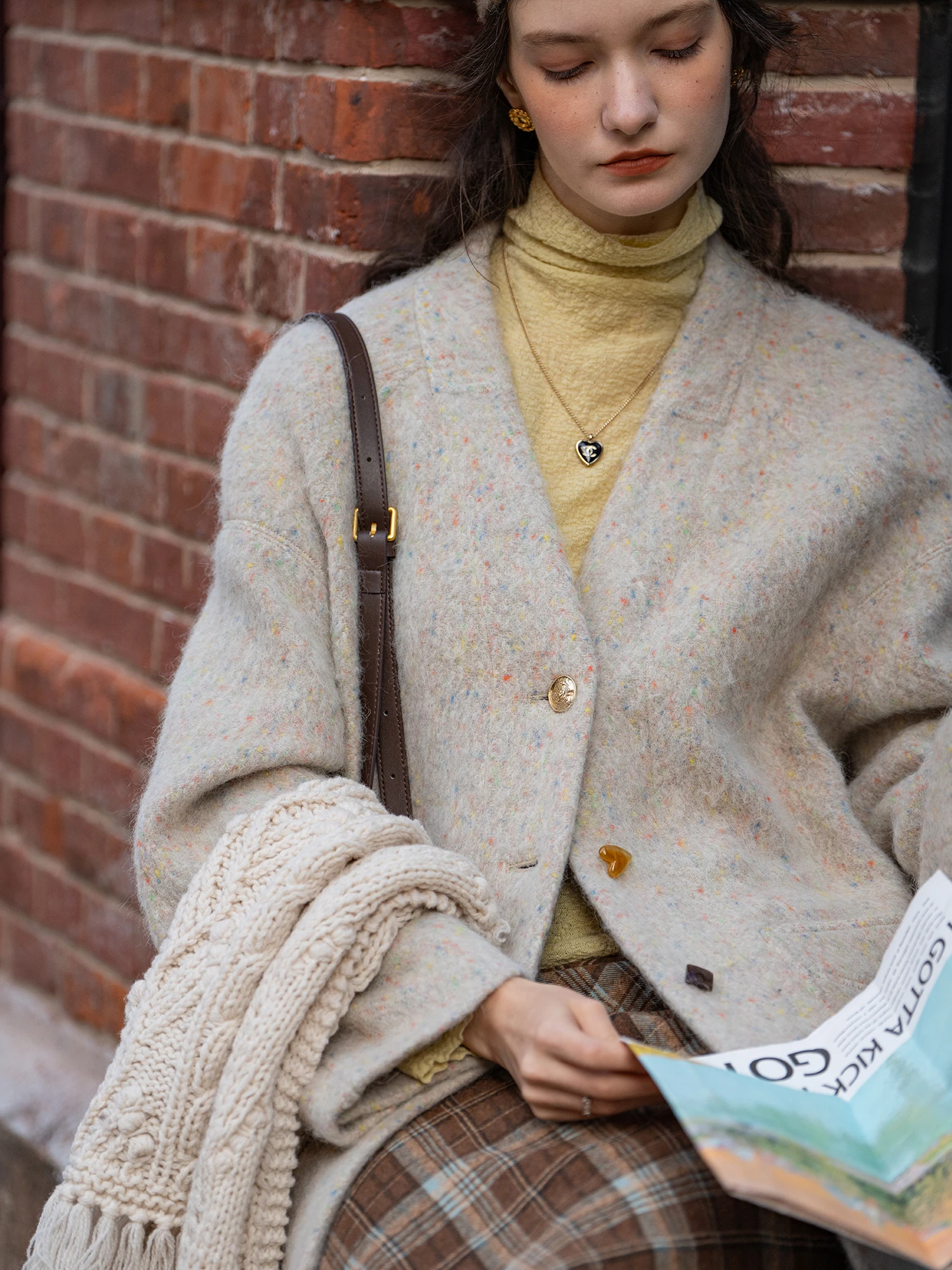 

Пальто из шерсти с V-образным вырезом, разноцветное, в горошек, с длинным ворсом, одностороннее, объемное, для повседневной носки, RC-Dailyart Commute Sle