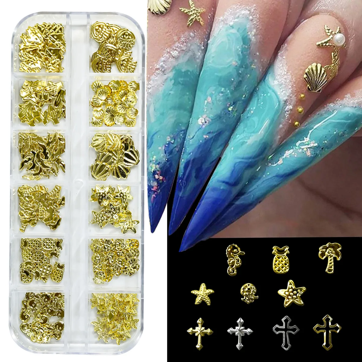 Nail Art Charm Decoration 12 Grid Metal Cute Summer Pineapple Starfish Cactus Cross Sequin Bow Butterfly Accessories Supply