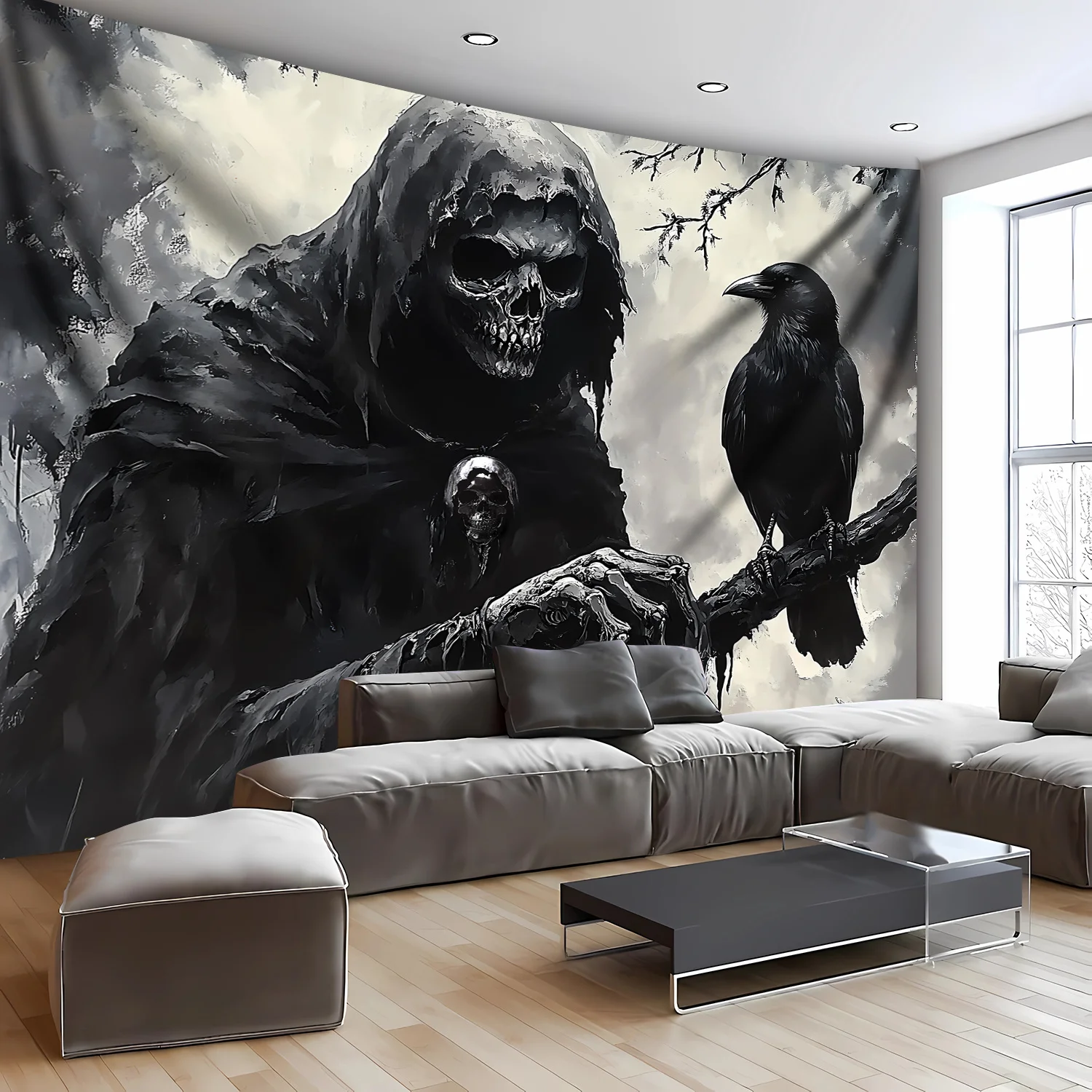 Grim Reaper Tapestry Wall Hanging Gothic Skull and Crow Raven Wall Art Tapestry for Living Room Bedroom Home Decor Fabric Poster