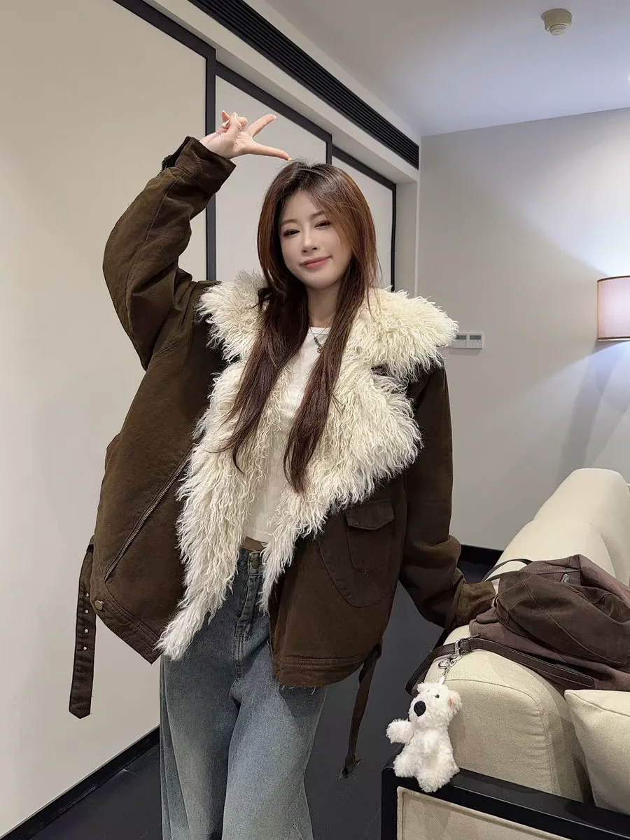 

Denim Coat Belt Fur Plush Womens Winter Cropped Flare Panelled Amekaji Leisure Funky Travel Vintage Comfortable Notched Jackets