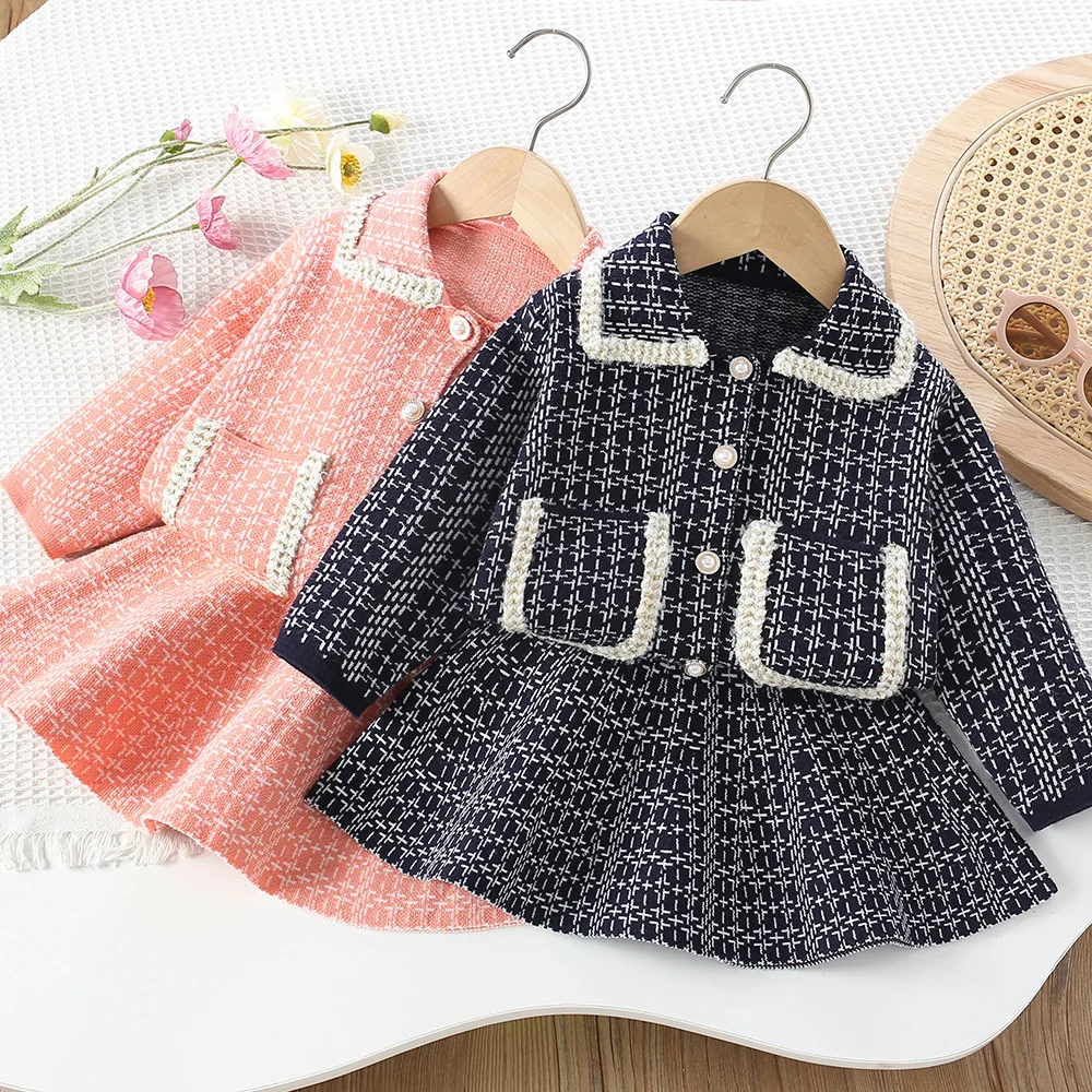 

Комплекты трикотажной одежды для девочек, осенне-зимние детские шерстяные трикотажные свитера, пальто, юбки, детское модное платье, костюм для детской одежды 6,