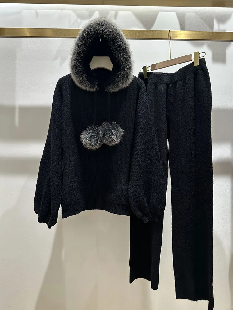 Winter Women Knit Two Piece Outfit Fox Fur Hood Sweater & Wide Leg Trousers Loose Ribbed Knitted Suit With Fur Pom Poms