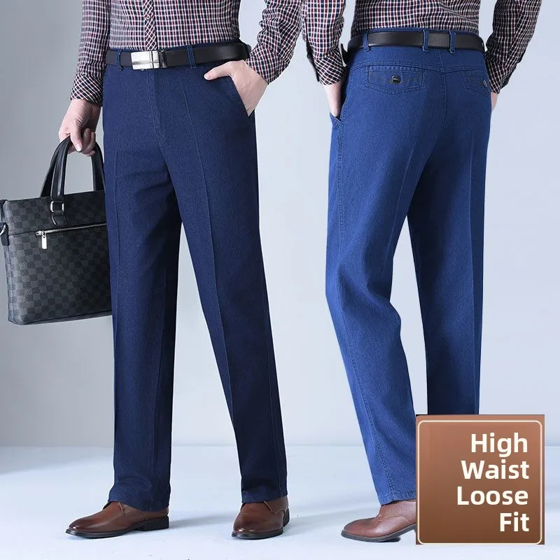 

Весна, лето, осень, прямые брюки с высокой талией, большие размеры, повседневные тонкие джинсы, мужские длинные брюки для папы, удобные брюки для отдыха...