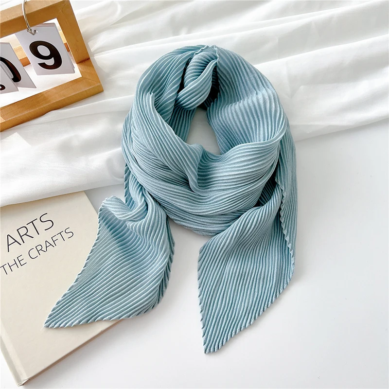 90cm Size Scarf Pleated Crinkle Women\'s Hijab Wrinkle Shawl Scarves Women Satin Scarf Neckerchief Square Skinny Hair Tie Band