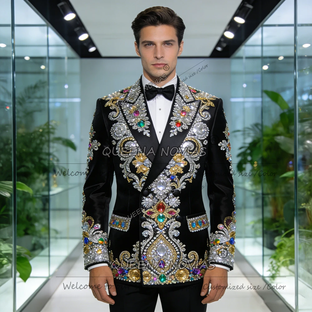 Exclusive Diamond Beaded Suits Men 2 Piece Sets Costume Homme Double Breasted Jacket Pants Customized Groom Formal Party Tuxedos