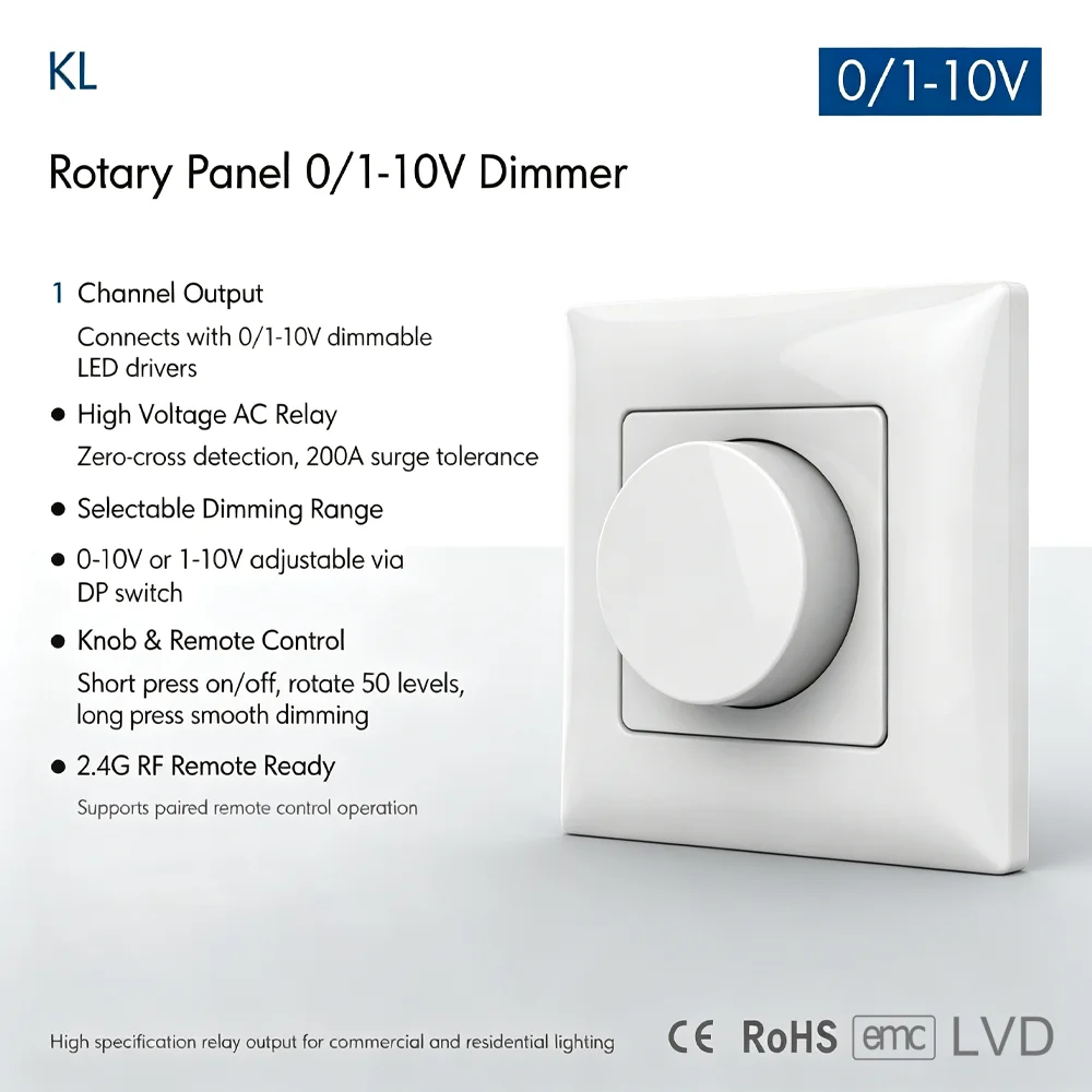 KL 0/1-10V LED Dimmer 110V 220V AC Knob Panel Wall Mount Dimmer Switch Rotary Panel Dimming for Single Color LED Strip Light