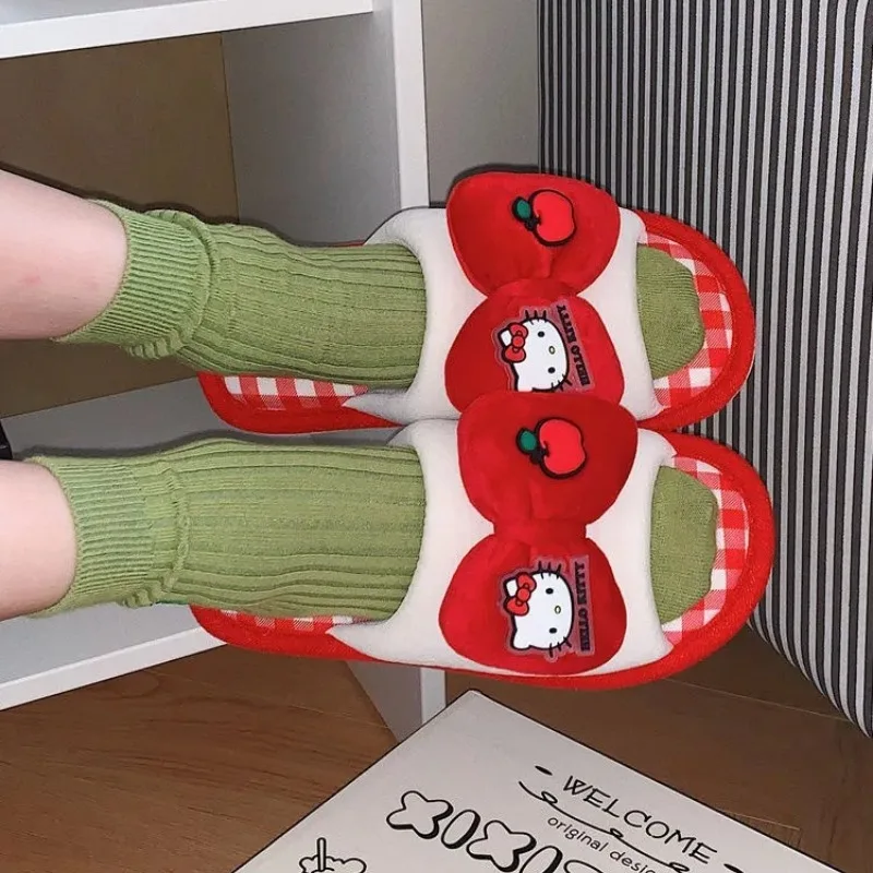 Cute Sanrio Hello Kitty Linen Cotton Slippers for Women Soft Sole All Seasons Home Wear Kawaii Cartoon Anime Holiday Gift Toys