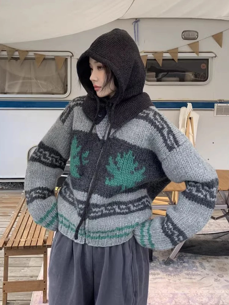 

Retro Chic Knitted Sweater Jaet V-Ne Zipper Thiened Winter Outerwear Loose Fit Color Blo Embroidery Fem Long Sve