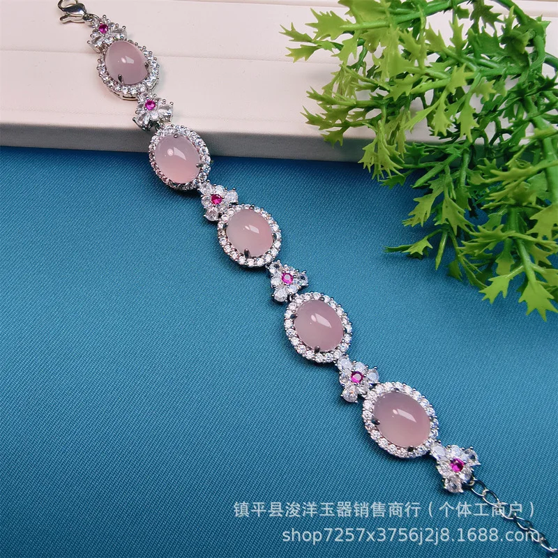 Natural ice chalcedony gemstone bracelet with silver plating and inlaid agate and jade, exquisite for stall display