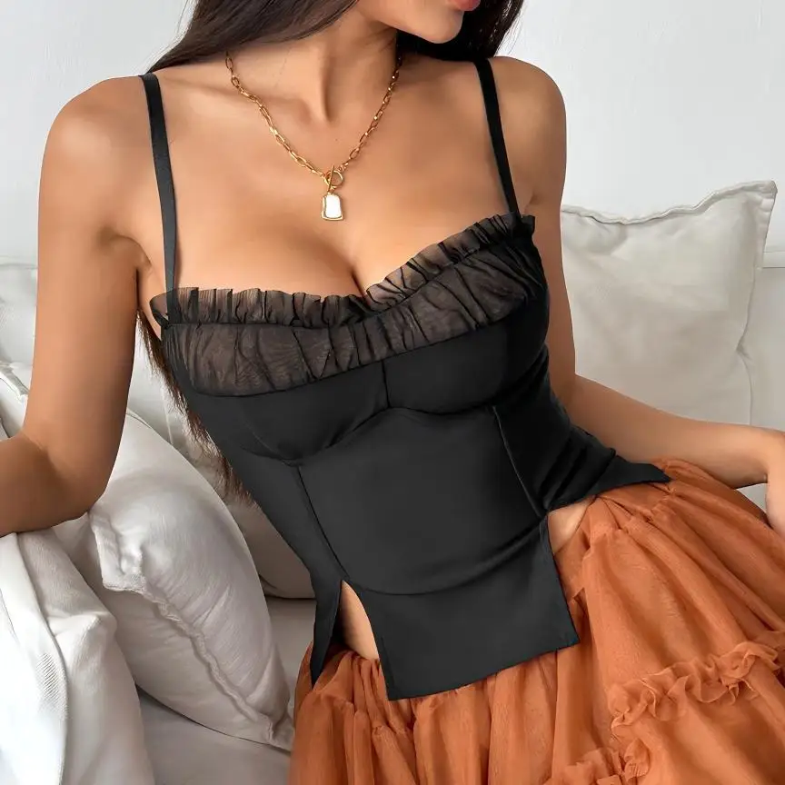 

Сладкий и пряный стиль, однотонный сетчатый топ с глубоким вырезом, сексуальный тонкий и тонкий женский топ на подтяжках с рыбьей косточкой Cw30162