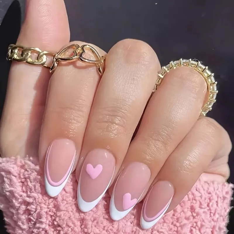 24 pzas Uñas postizas en forma de almendra con diseño de gota de agua, color rosa, estilo lindo europeo y americano, francesas, arte de uñas