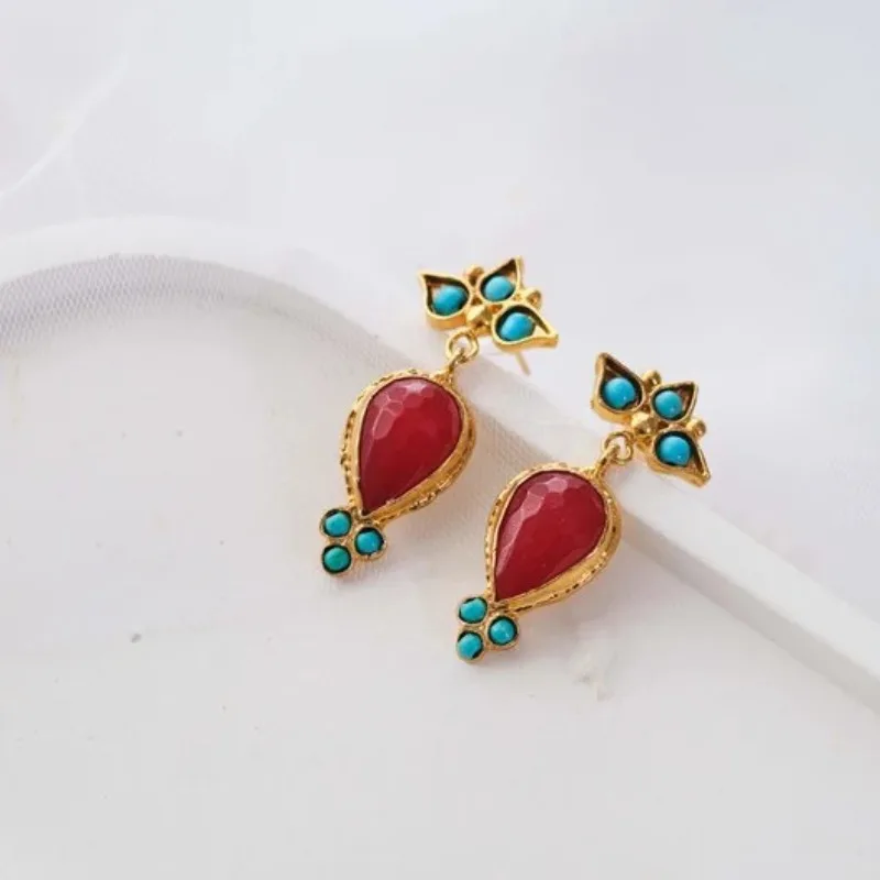 BKBK Gold Two Tone Red Teardrop Turquoise Vintage Dangle Women Earrings Wedding Earrings for Valentine 4th of July Boho Ethnic Bridal Jewelry for Brides Bridesmaids Adult Ladies Holiday Beach Party Occasion