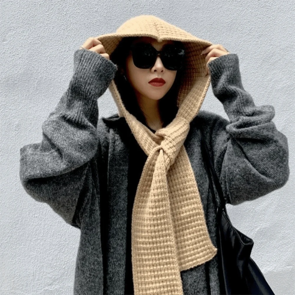 Acrylic Fibres Knitted Hooded Caps Ear Protection Embossing Neck Collar Beanies Caps Soft Korean Style Winter Neckerchief Hat