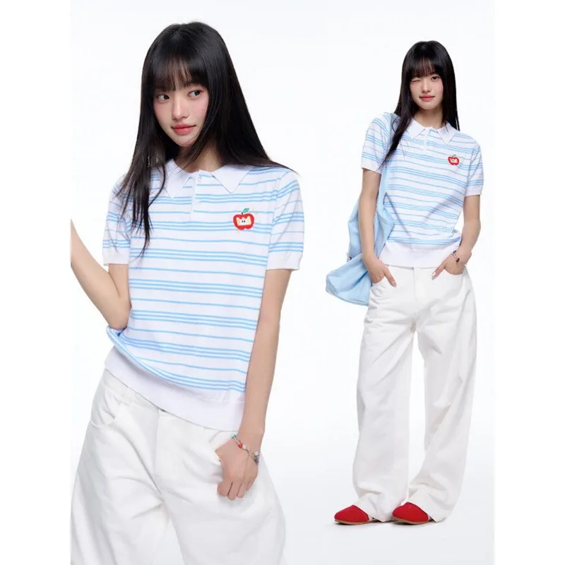 Pure Cotton Short-sleeved T-shirt Knitted Sweater for Women Style Striped Embroidered Shoulder Contrasting Color POLO Collar Top