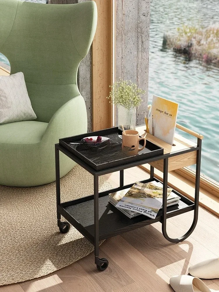 عربة متحركة خزانة تخزين فاخرة خفيفة إسكندنافية صغيرة لغرفة المعيشة أريكة حافة من الخشب الصلب قليلة #1