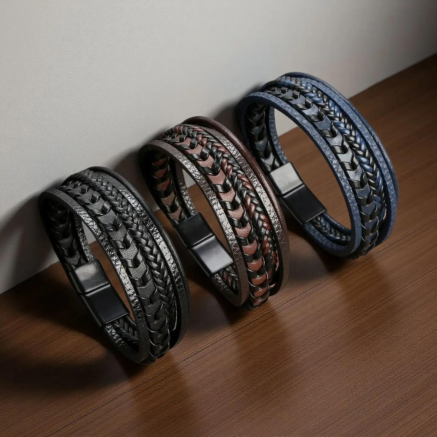 1pc Fashion Accessories MEN'S Multi-layered Vintage Leather Rope Braided Bracelet Alloy Magnetic Buckle Bracelet