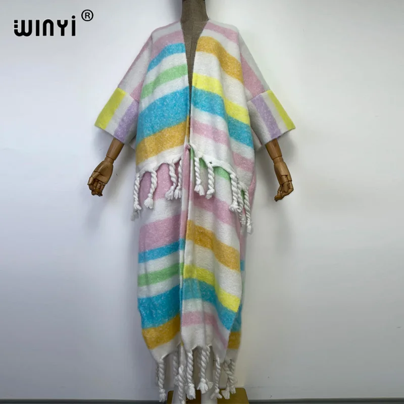 

WINYI Winter Women High Quality Rainbow stripe color tassels Luxury Long Fur Coat Loose OverCoat Thick Warm Female Coats clock