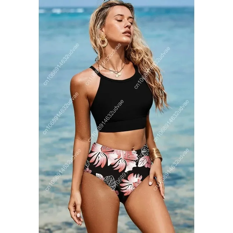 Herseas Women's Bikini Sets High Neck Tropical Leaf Print High Waisted Two Pieces Swimsuits Bathing Suits