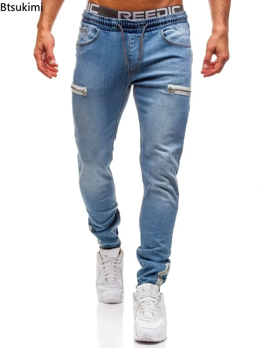 2025 Men's Slim Straight Leg Jeans Fashionable Drawstring Zip Design Casual Sport Denim Pants Men Versatile Trouser Street Style
