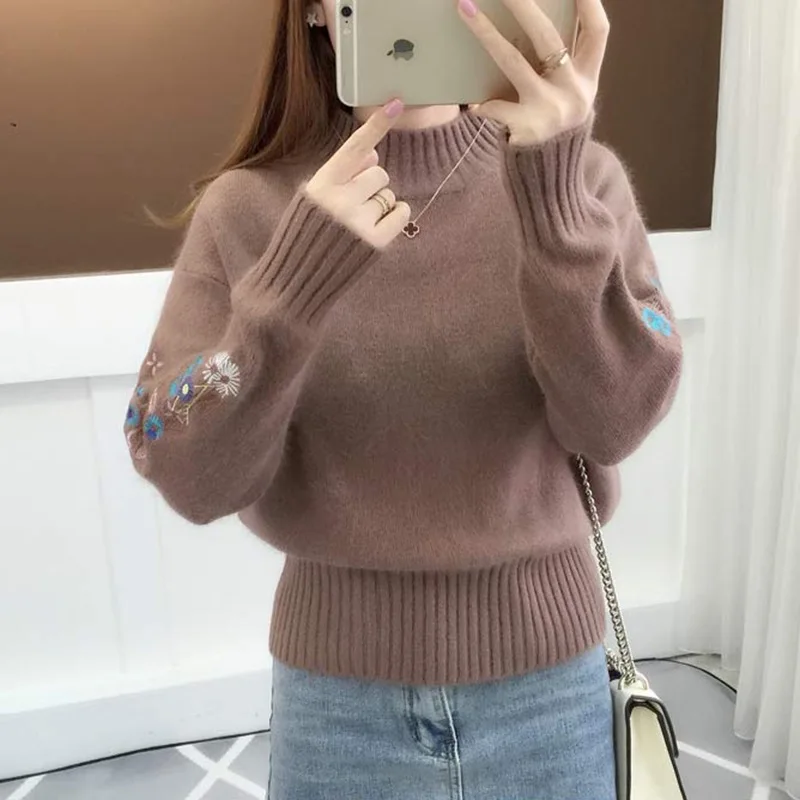 Autumn Winter Women\'s Pullover Round Neck Solid Flower Embroidery Flocking Lantern Long Sleeve Sweater Knitted Casual Tops