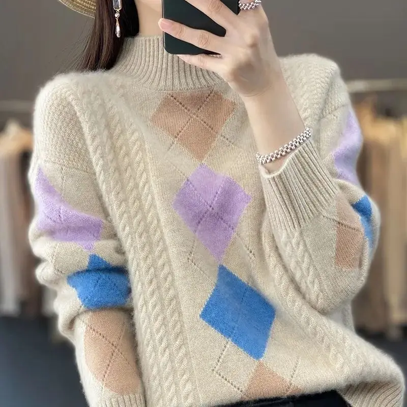 Autumn and Winter Women\'s Contrast Color Argyle Half High Collar Long Sleeve Knitted Sweaters Jumpers Fashion Casual Tops