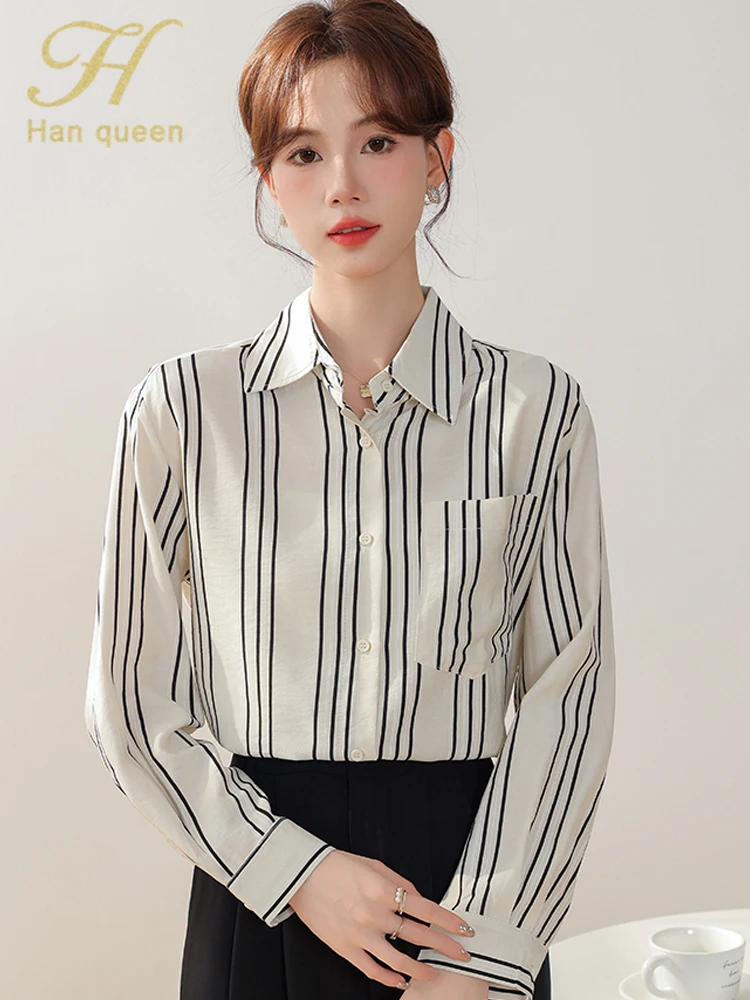 

H Han Queen Elegant Autumn Stripes Tops Long Sleeve Casual Shirt Chic Korean Popular Clothes Loose Women Simple Office Blouses