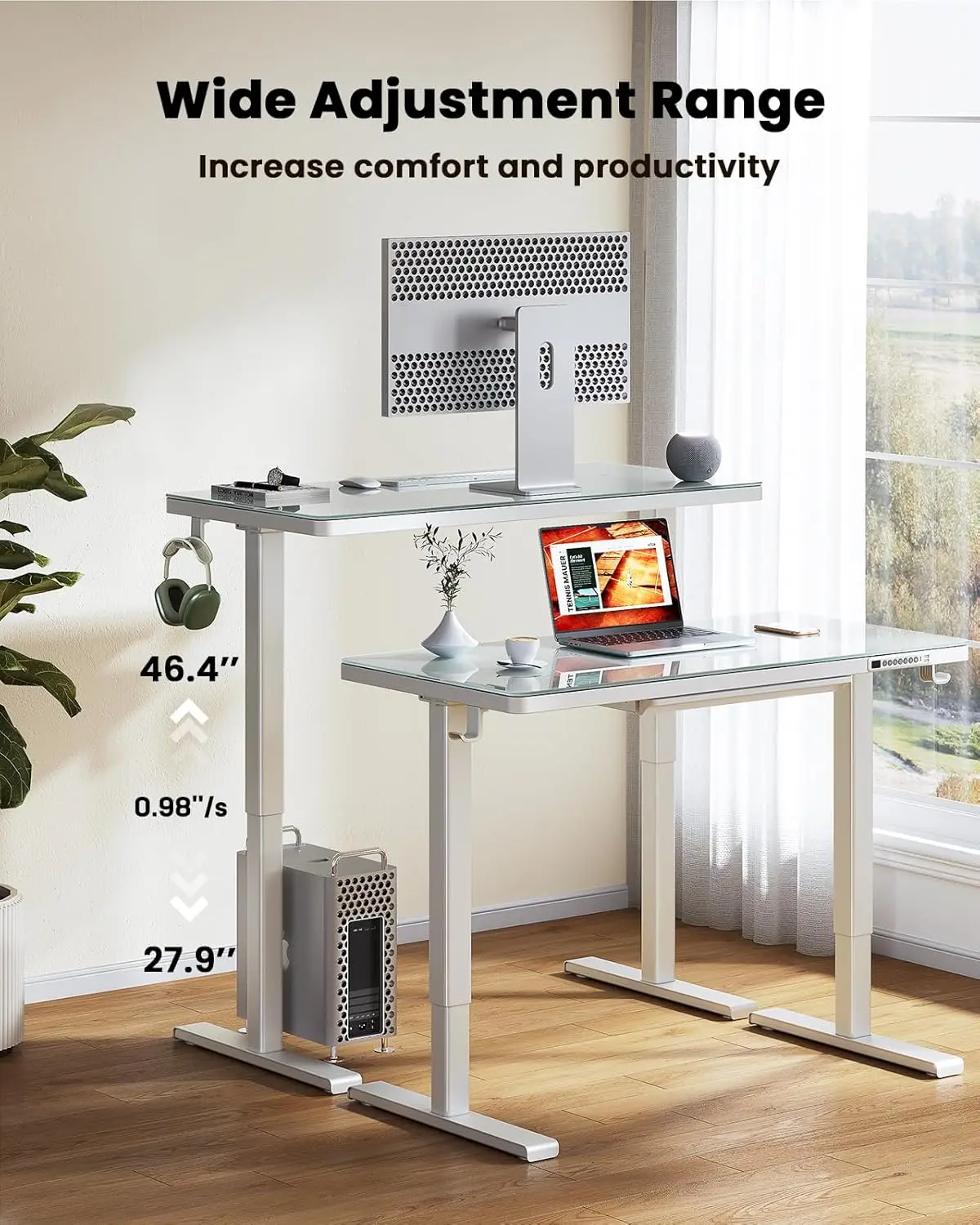 

Dual Motor Electric Standing Desk with Drawers,48x24 Inch Whole-Piece Glass Desktop Quick Install,Height Adjustable