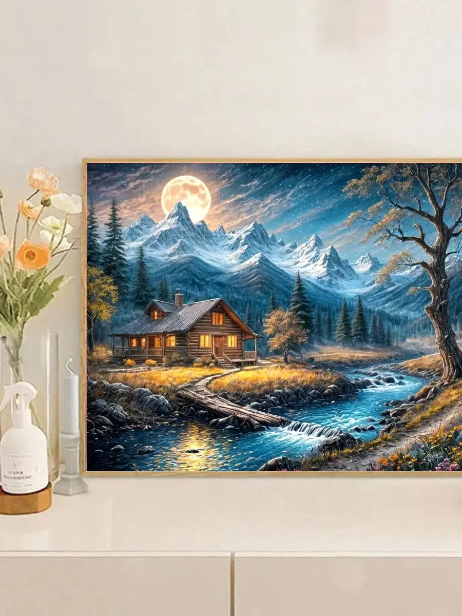 1 Stück 30x40cm/11,8x15,7 Zoll, 11CT/14CT Druck-Kreuzstich-DIY-Set, entspanntes Kreuzstich-Set für Erwachsene Anfänger, Eine kleine Stadt bei Nacht – Detail 1