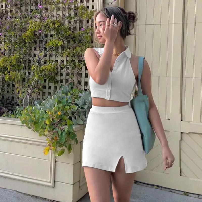 Zweiteiliges Damen-Outfit mit Neckholder, ärmelloses Crop-Top + figurbetonter Minirock, Set für den Sommer, sexy Party-Clubwear, mehrfarbig – Detail 1