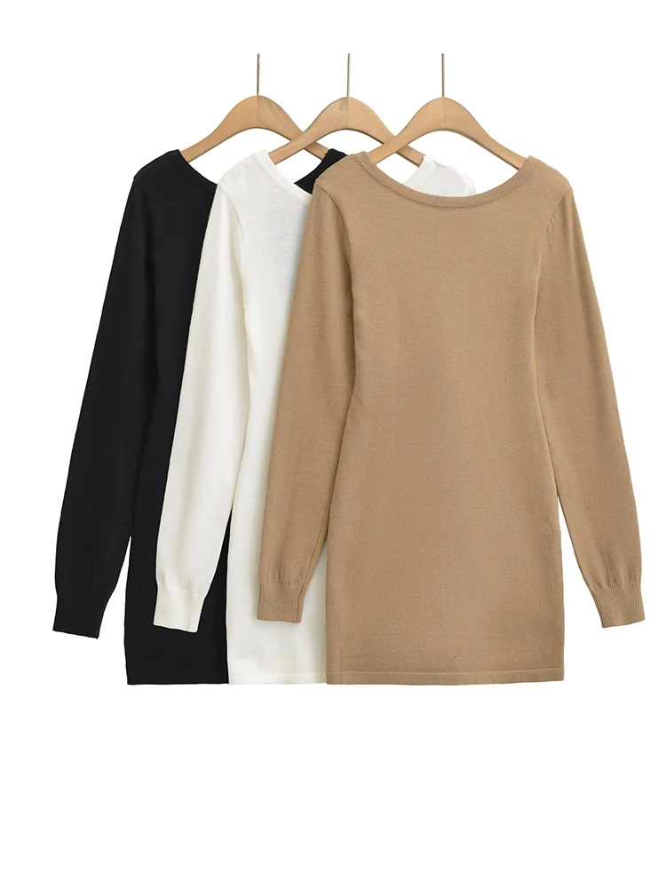 

Женское мини-платье с длинным рукавом и открытой спиной, трикотажные однотонные платья