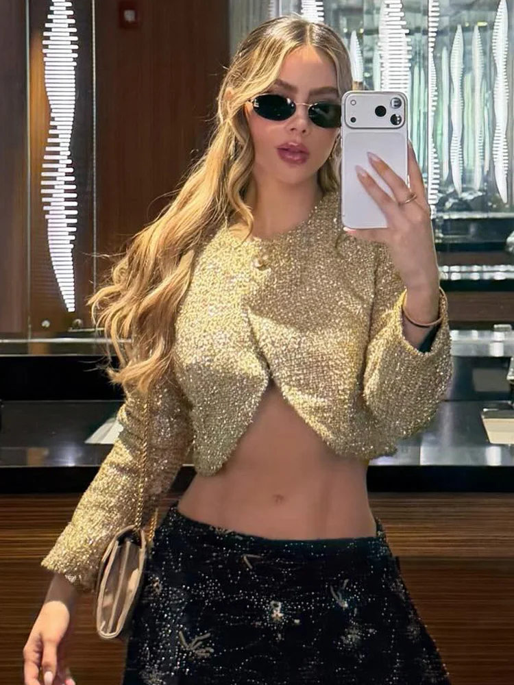 Damska kurtka w stylu high street z długim rękawem, zapinana na jeden guzik, krótka kurtka wiosenna z okrągłym dekoltem, w metalicznych kolorach, dopasowana.