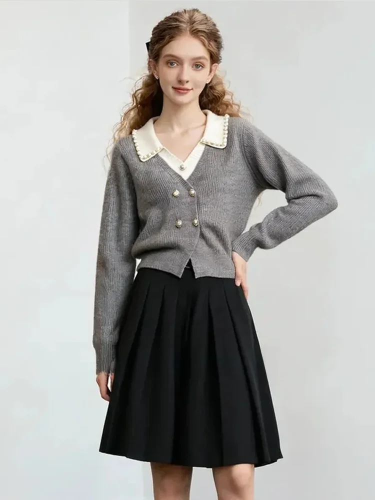 

ZhuoZhi Splice Knitted Sweater V-Ne Color Blo Design Loose Fit Long Sve Women's Faion Autumn New Sle Commute Sle