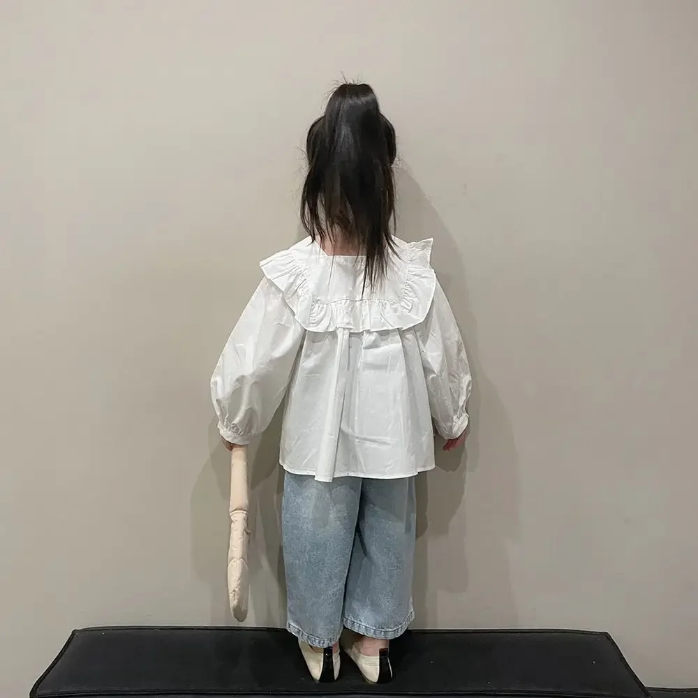 2023 wide leg pants jeans elastic waist ankle length loose straight cotton clean solid soft comfortable new korean children girl