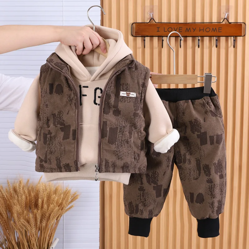 

Boys Warm Clothes Sets 3pcs Winter Children Thick Velvet Vest Hoodies Pants Warm Suit For Baby Girl Tracksuits Kids Outfits Set